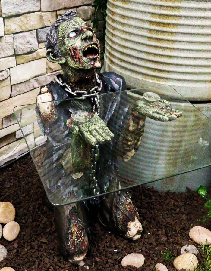 Ebros Gift Begging Chained Slave Walking Undead Zombie Side Table With Glass 22.5"H Decor