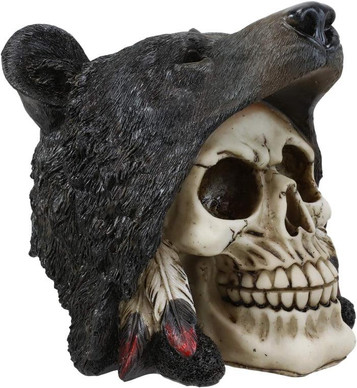 Ebros Gift Big Bear Headdress Skull Statue Gothic Macabre Figurine Skulls Black Bears 5.5"H
