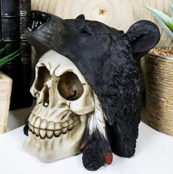 Ebros Gift Big Bear Headdress Skull Statue Gothic Macabre Figurine Skulls Black Bears 5.5"H