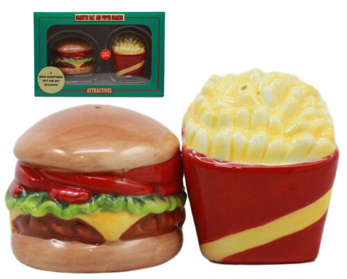 Ebros Gift Big Burger And Golden Fries Salt And Pepper Shakers Set Ceramic Spice Decor