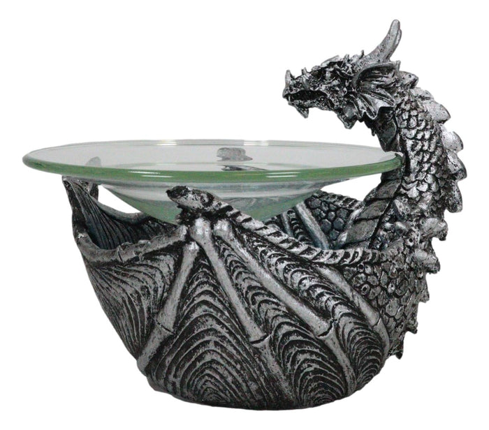 Ebros Gift Birth Of Terra Silver Dragon Oil Burner Wax Tart Warmer Candle Holder Figurine