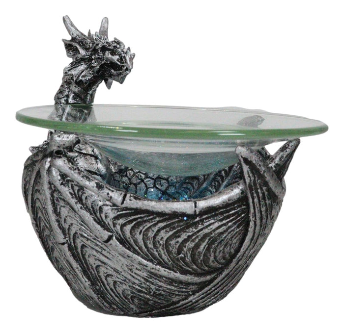 Ebros Gift Birth Of Terra Silver Dragon Oil Burner Wax Tart Warmer Candle Holder Figurine