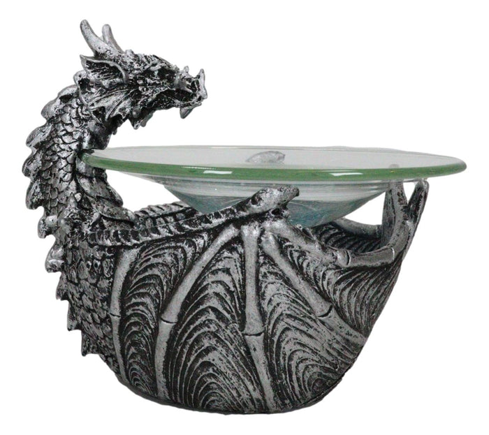 Ebros Gift Birth Of Terra Silver Dragon Oil Burner Wax Tart Warmer Candle Holder Figurine