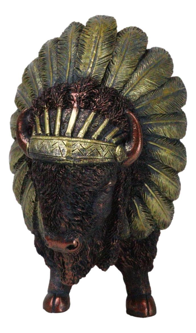 Ebros Gift Bison Buffalo With Indian Chieftain Roach Headdress Decorative Figurine 12"L