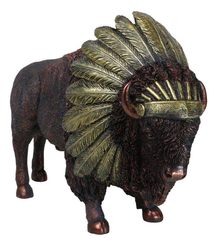 ebros gift Bison Buffalo With Indian Chieftain Roach Headdress Decorative Figurine 12"L