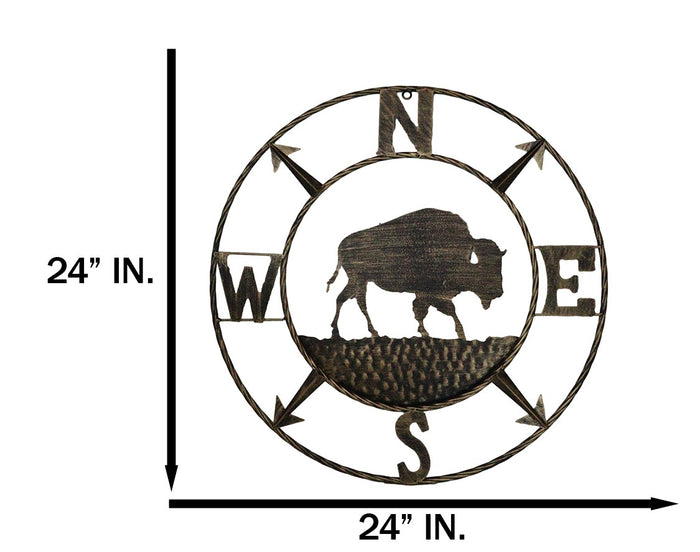 Ebros Gift Bison Buffalo With N-S-E-W Compass Cardinal Directions Metal Wall Circle Sign