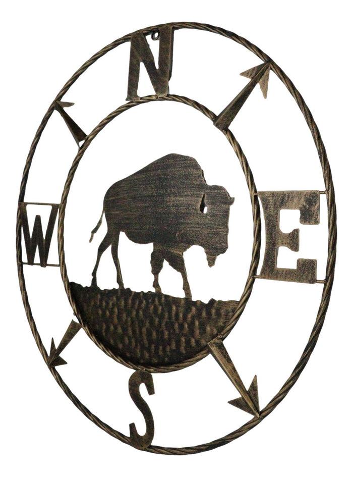 Ebros Gift Bison Buffalo With N-S-E-W Compass Cardinal Directions Metal Wall Circle Sign