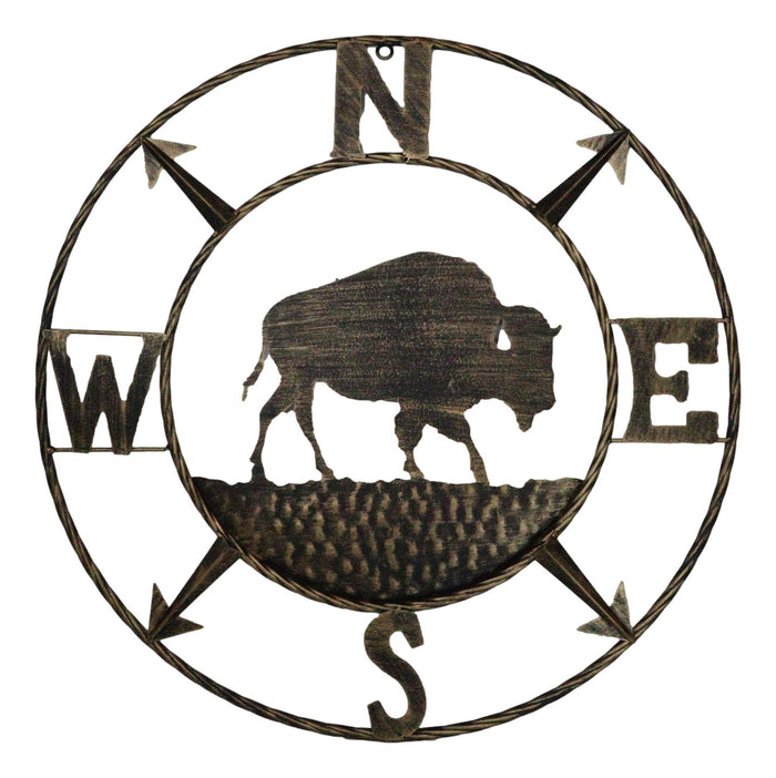 ebros gift Bison Buffalo with N-S-E-W Compass Cardinal Directions Metal Wall Circle Sign