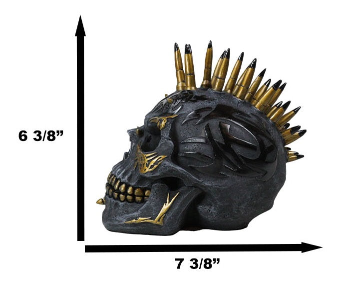 Ebros Gift Black And Gold Bullet Shell Casings Punk Mohawk Tribal Tattoo Skull Figurine