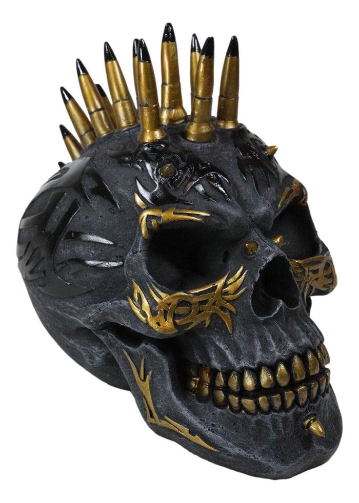 ebros gift Black And Gold Bullet Shell Casings Punk Mohawk Tribal Tattoo Skull Figurine