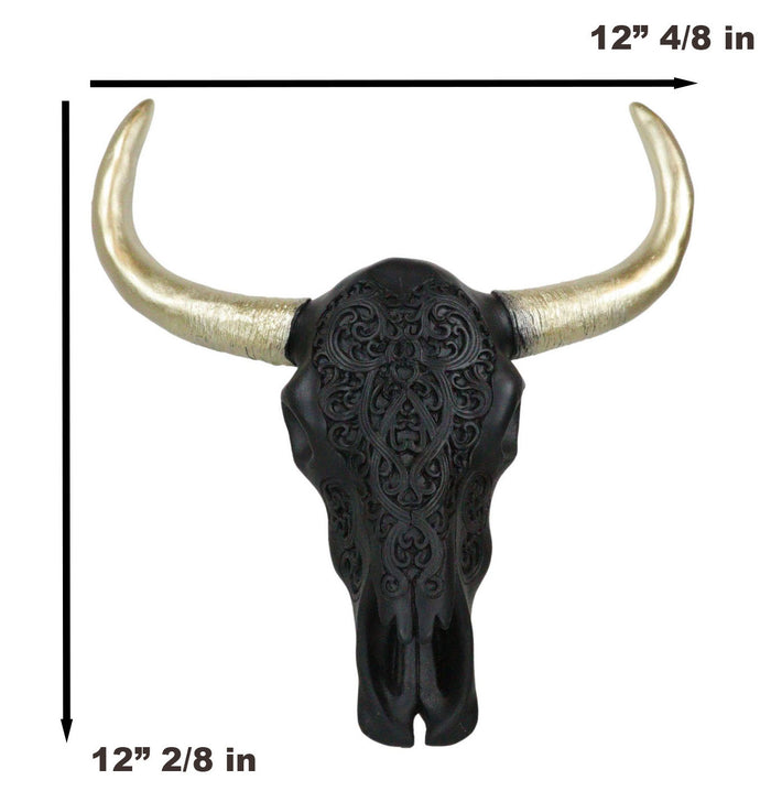 Ebros Gift Black And Gold Tribal Floral Tattoo Tooled Filigree Bull Cow Skull Wall Decor