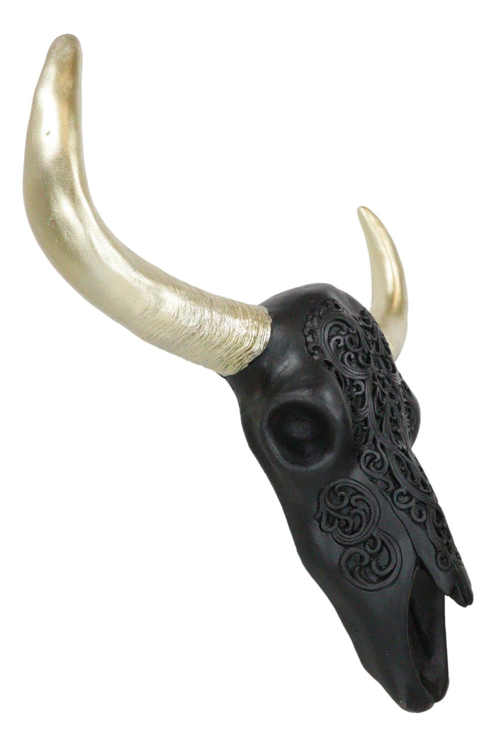 Ebros Gift Black And Gold Tribal Floral Tattoo Tooled Filigree Bull Cow Skull Wall Decor
