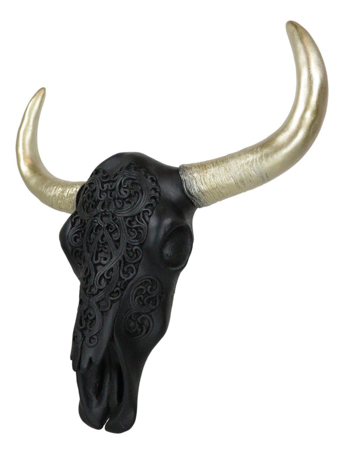ebros gift Black And Gold Tribal Floral Tattoo Tooled Filigree Bull Cow Skull Wall Decor