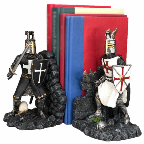 Ebros Gift Black And White Medieval Crusader Knight Bookends Statue 7.5"H Set Suit Of Armor