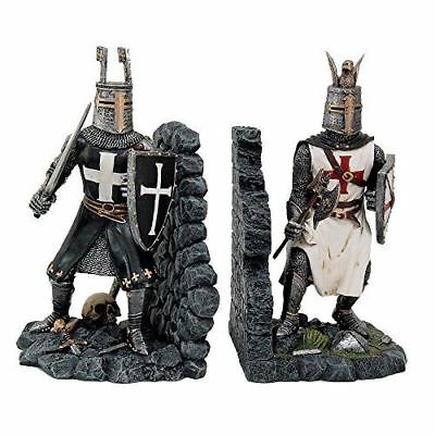 Ebros Gift Black And White Medieval Crusader Knight Bookends Statue 7.5"H Set Suit Of Armor
