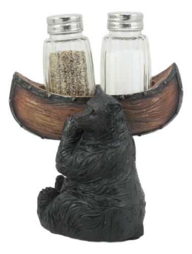 Ebros Gift Black Bear Salt And Pepper Shakers Set 5"H Papa Bear Carrying A Canoe Statue
