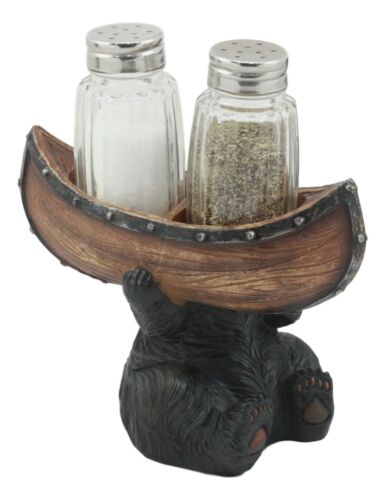 Ebros Gift Black Bear Salt And Pepper Shakers Set 5"H Papa Bear Carrying A Canoe Statue