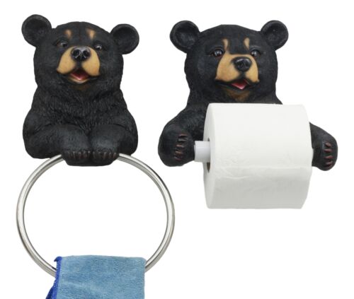 Ebros Gift Black Bear Toilet Paper And Hand Towel Holder Set Whimsical Bear Bathroom Decors