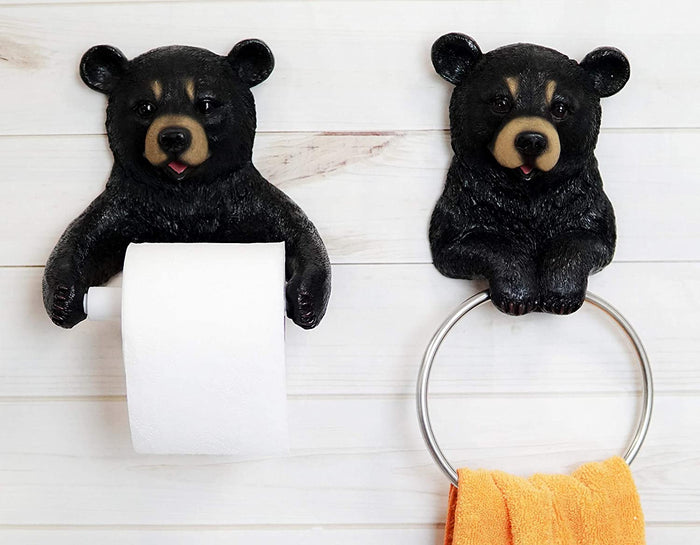 ebros gift Black Bear Toilet Paper and Hand Towel Holder Set Whimsical Bear Bathroom Decors