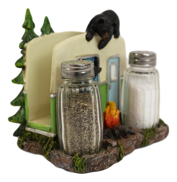 Ebros Gift Black Bears On Caravan By Bonfire Salt Pepper Shakers & Napkin Holder Figurine