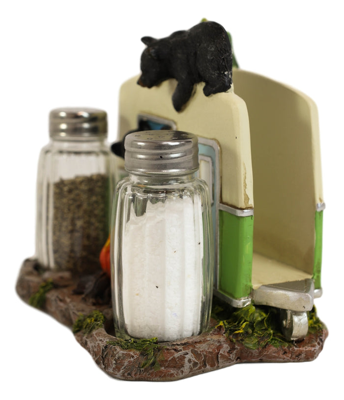 Ebros Gift Black Bears On Caravan By Bonfire Salt Pepper Shakers & Napkin Holder Figurine