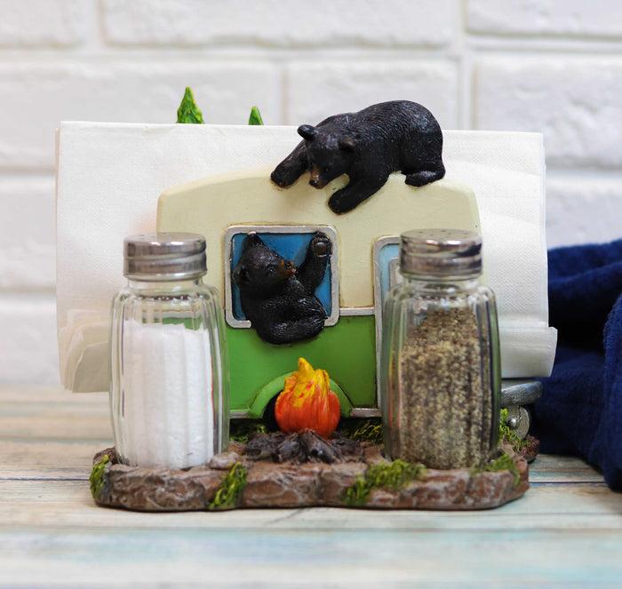 ebros gift Black Bears On Caravan By Bonfire Salt Pepper Shakers & Napkin Holder Figurine