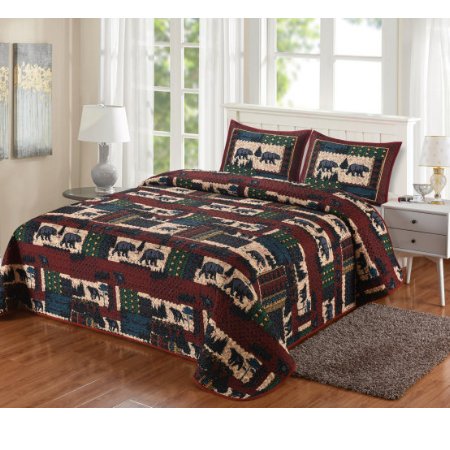 Ebros Gift Black Bears Pine Trees Forest Quilted Throw Blanket And 2 Pillow Shams Queen Set