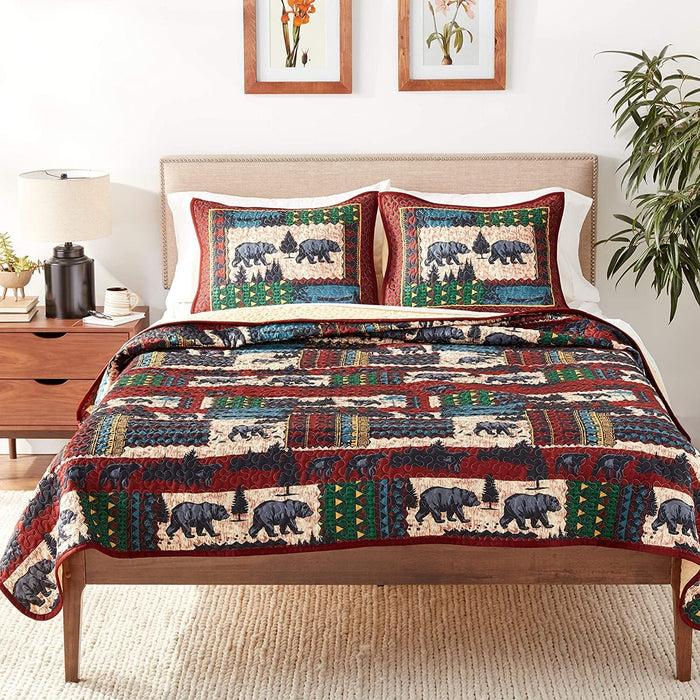 ebros gift Black Bears Pine Trees Forest Quilted Throw Blanket And 2 Pillow Shams Queen Set