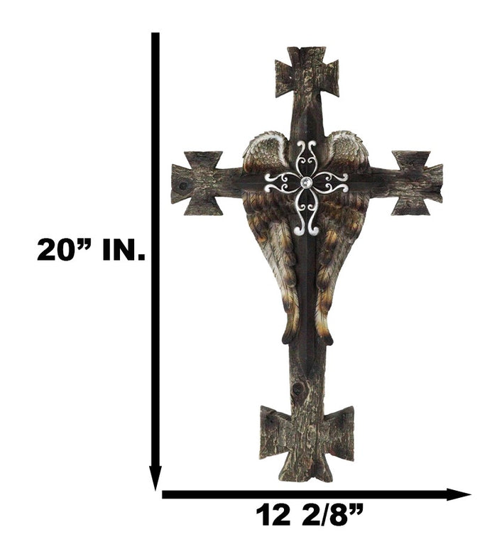 Ebros Gift Black Biker Iron Cross With Angel Wings Layered Faux Wooden Wall Cross Plaque