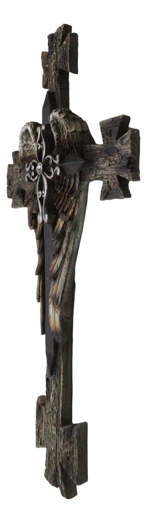Ebros Gift Black Biker Iron Cross With Angel Wings Layered Faux Wooden Wall Cross Plaque