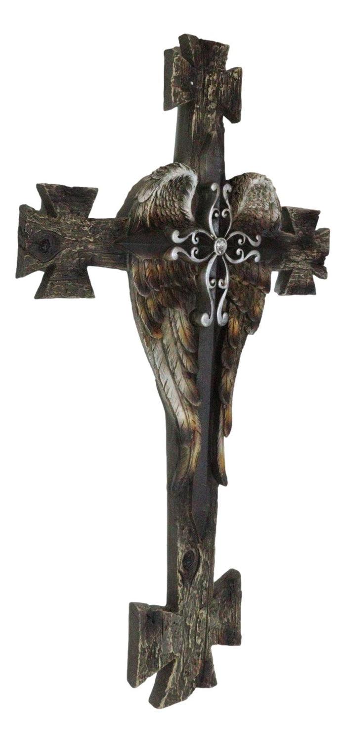 Ebros Gift Black Biker Iron Cross With Angel Wings Layered Faux Wooden Wall Cross Plaque