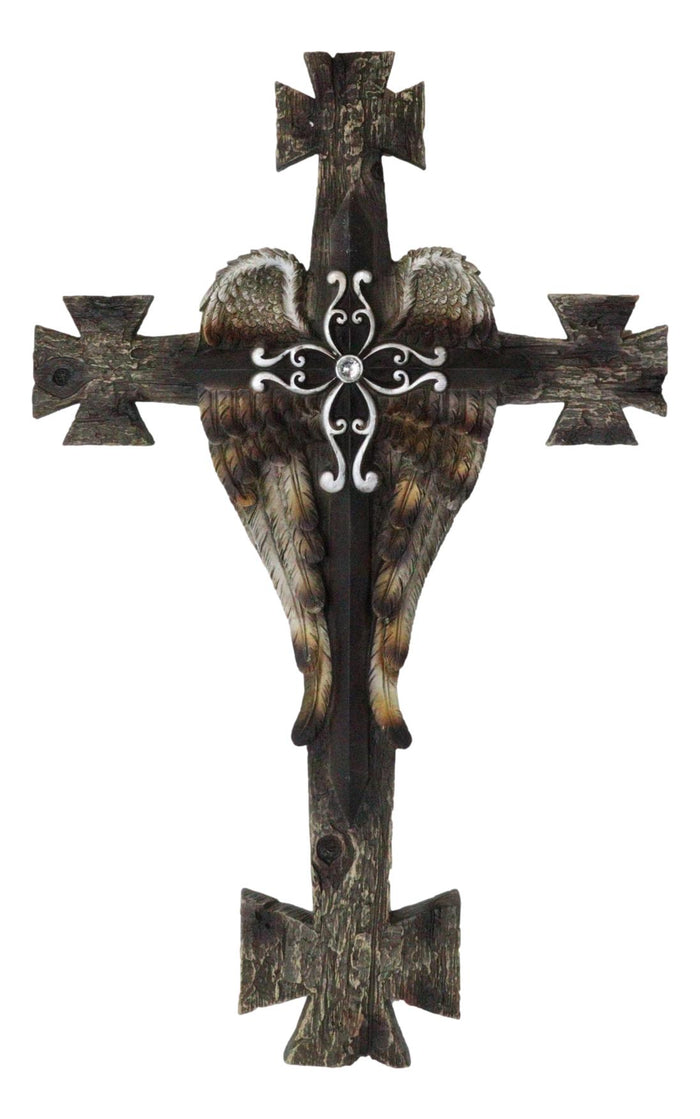 ebros gift Black Biker Iron Cross With Angel Wings Layered Faux Wooden Wall Cross Plaque