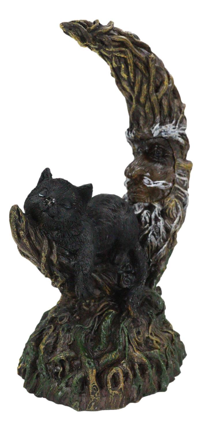 Ebros Gift Black Cat Sitting On Crescent Greenman Tree Moon Figurine With LED Night Light