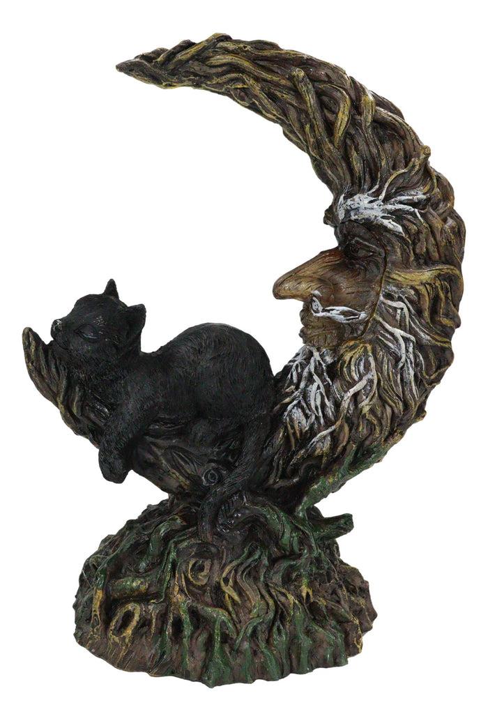 Ebros Gift Black Cat Sitting On Crescent Greenman Tree Moon Figurine With LED Night Light