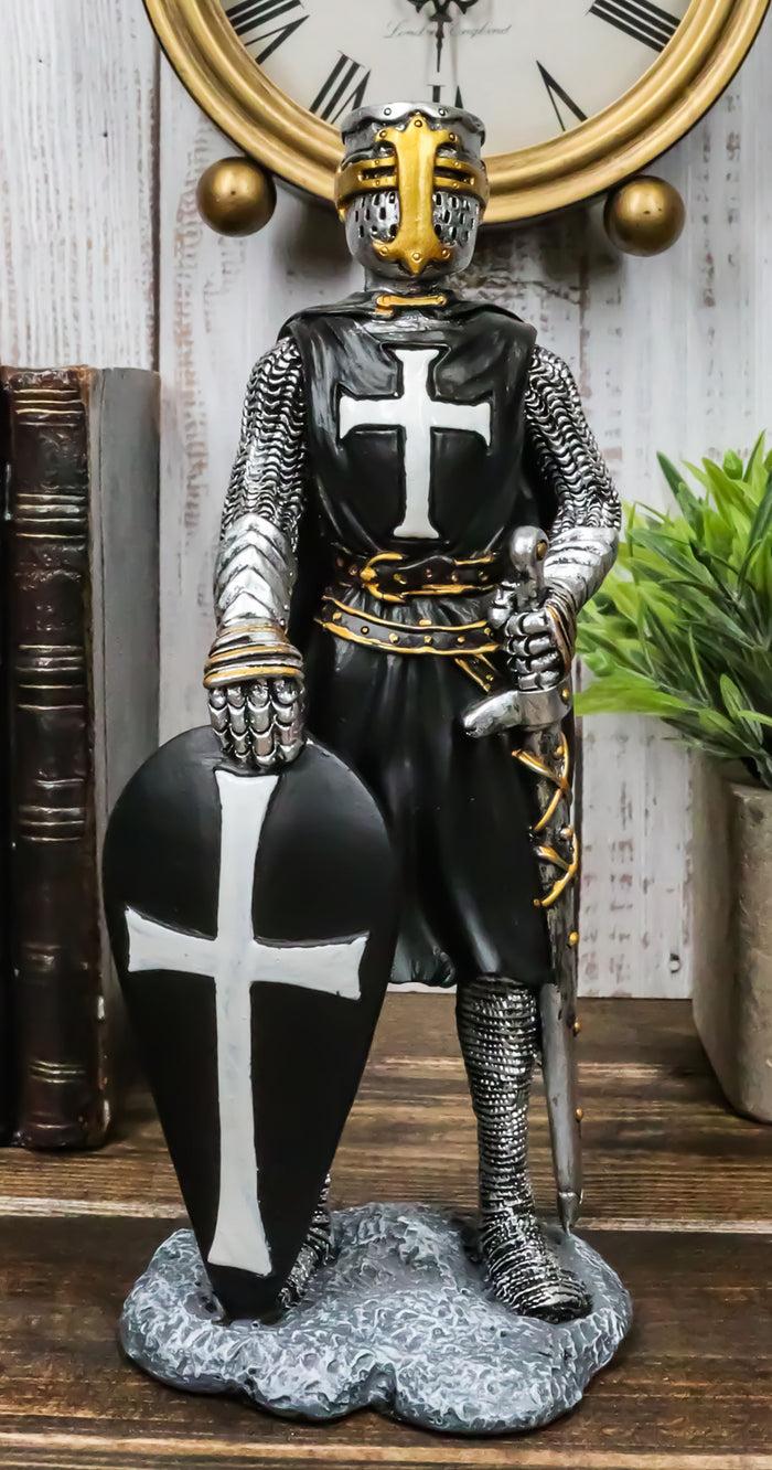 ebros gift Black Cloak Medieval Crusader Swordsman With Shield Of Faith Knight Figurine