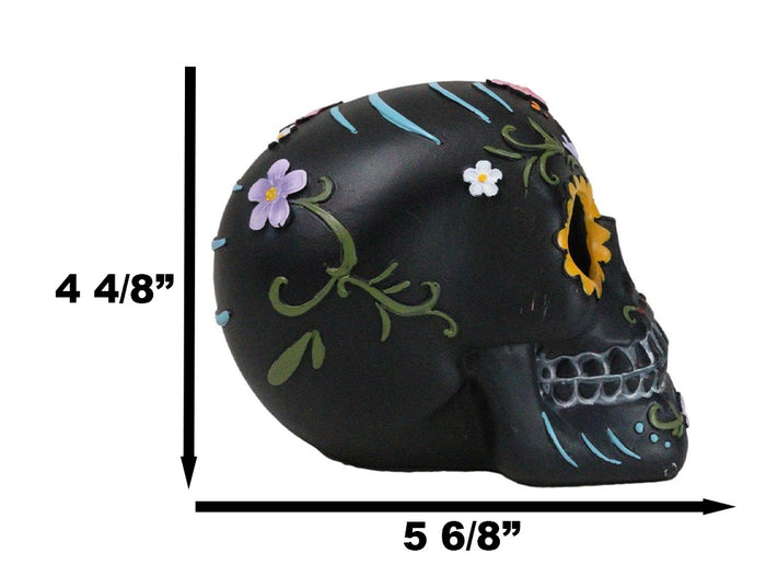 Ebros Gift Black Day Of The Dead Colorful Sunflowers Floral Blooms Sugar Skull Figurine