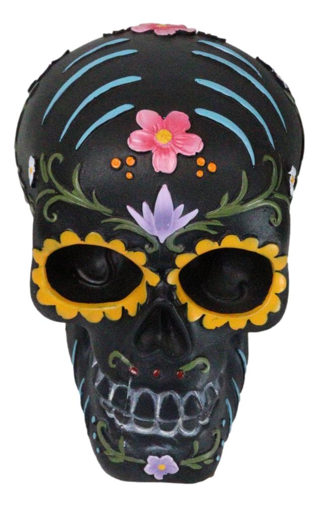 Ebros Gift Black Day Of The Dead Colorful Sunflowers Floral Blooms Sugar Skull Figurine