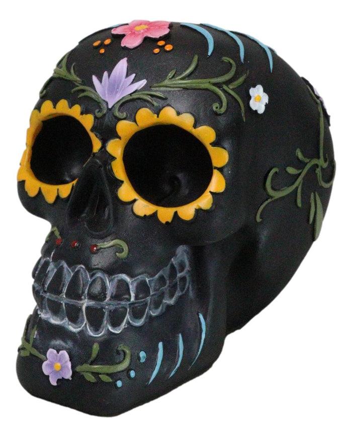 Ebros Gift Black Day Of The Dead Colorful Sunflowers Floral Blooms Sugar Skull Figurine