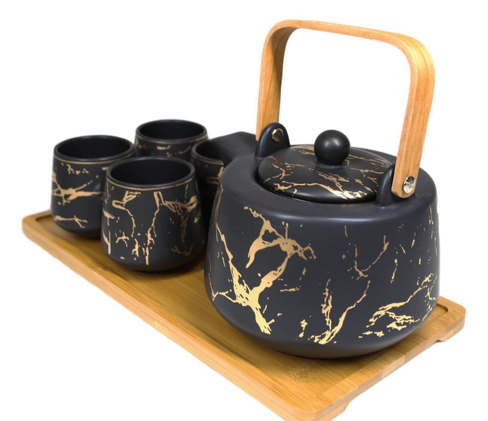 Ebros Gift Black Faux Marble With Gold Veins Ceramic Tea Pot And Cups With Tray Set For 4