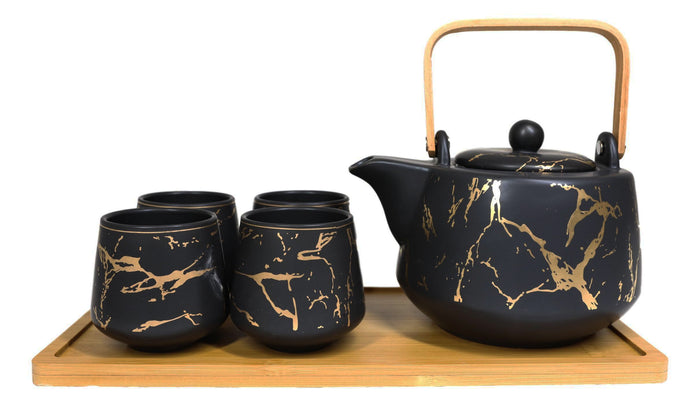 Ebros Gift Black Faux Marble With Gold Veins Ceramic Tea Pot And Cups With Tray Set For 4