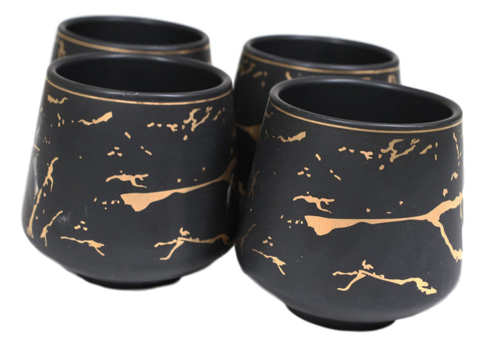 Ebros Gift Black Faux Marble With Gold Veins Ceramic Tea Pot And Cups With Tray Set For 4