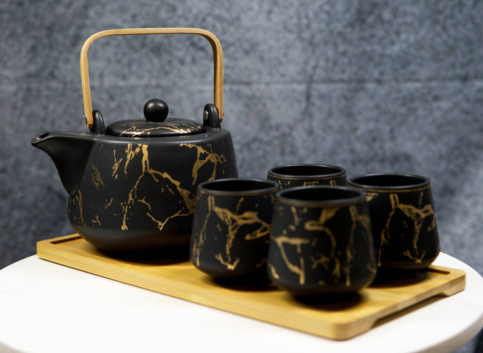 ebros gift Black Faux Marble With Gold Veins Ceramic Tea Pot And Cups With Tray Set For 4
