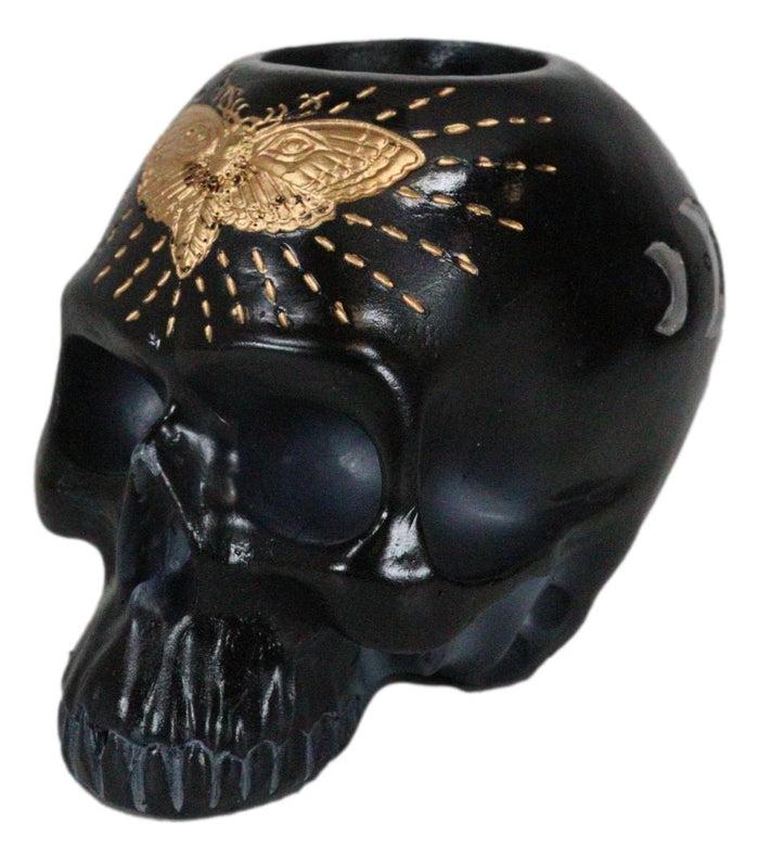Ebros Gift Black Gothic Skull Skeleton With Golden Butterfly And Evil Eye Candle Holder