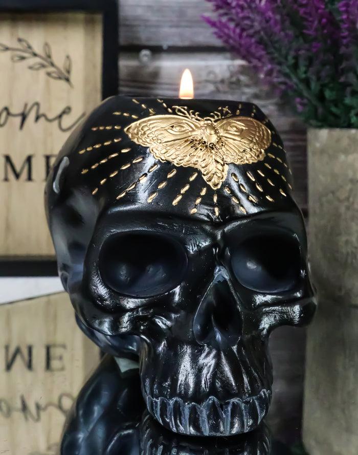 ebros gift Black Gothic Skull Skeleton With Golden Butterfly And Evil Eye Candle Holder