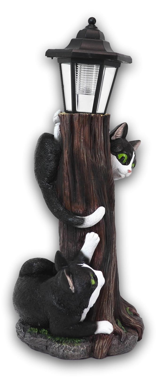 Ebros Gift Black Kitten Cats By Garden Tree Outpost Statue With Solar LED Lantern Light