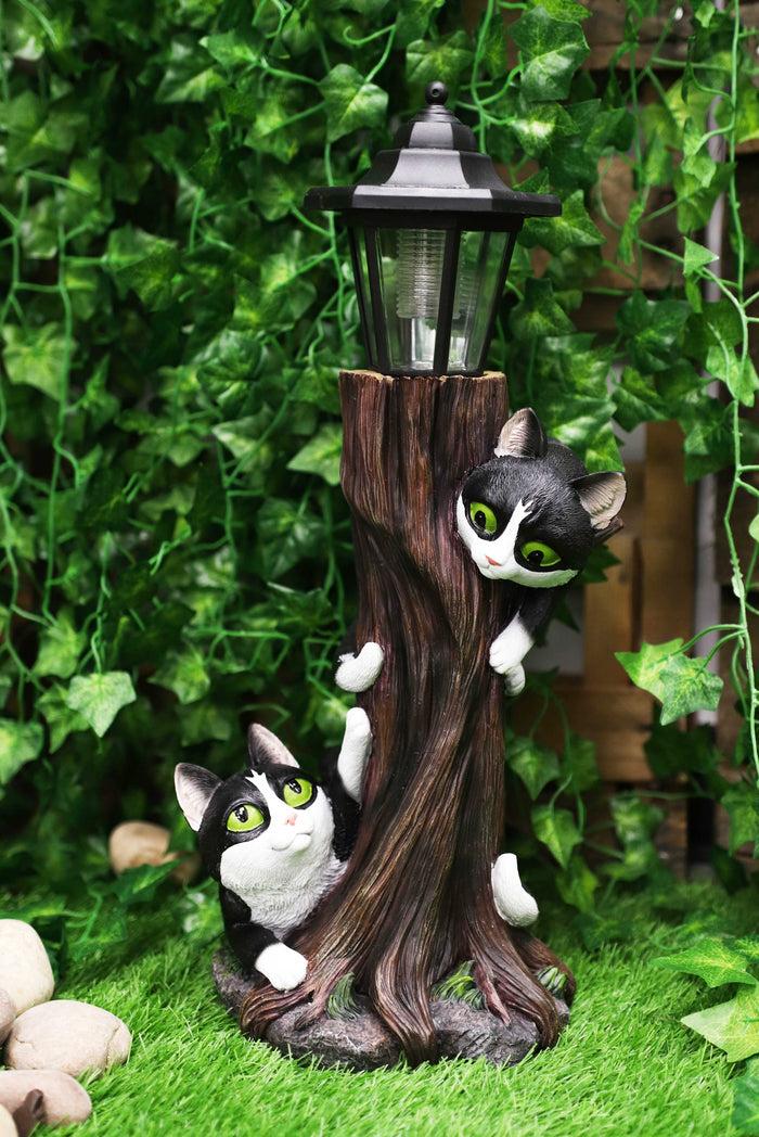 ebros gift Black Kitten Cats by Garden Tree Outpost Statue With Solar LED Lantern Light