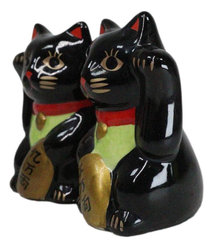 Ebros Gift Black Lucky Fortune Japanese Maneki Neko Cats Ceramic Salt Pepper Shakers Set