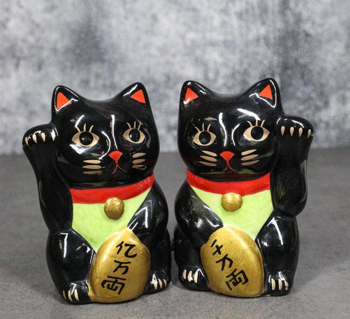 ebros gift Black Lucky Fortune Japanese Maneki Neko Cats Ceramic Salt Pepper Shakers Set