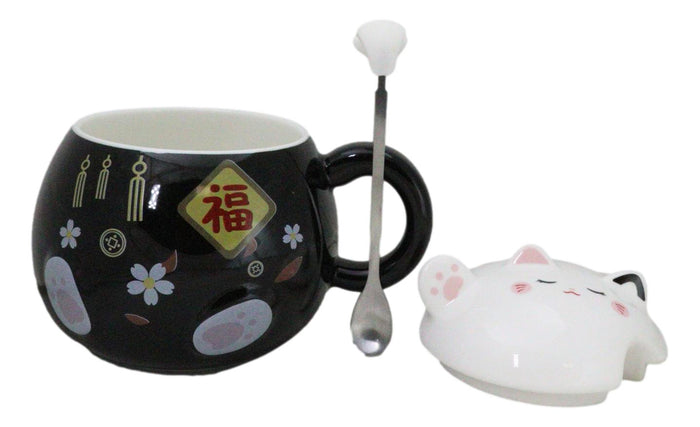 Ebros Gift Black Maneki Neko Beckoning Lucky Cat Mug Cup With Kitty Lid And Stirring Spoon