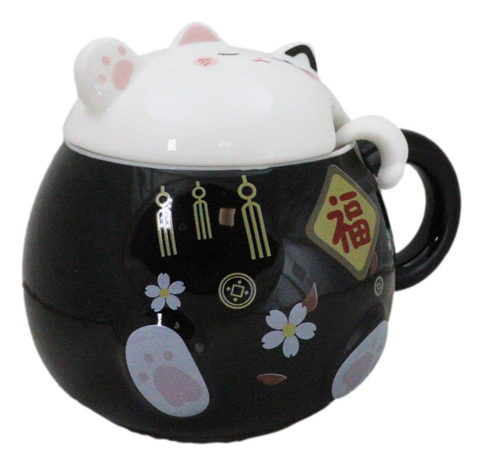 Ebros Gift Black Maneki Neko Beckoning Lucky Cat Mug Cup With Kitty Lid And Stirring Spoon